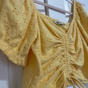 SO Women's Sunshine Yellow Ruched Eyelet Blouse
